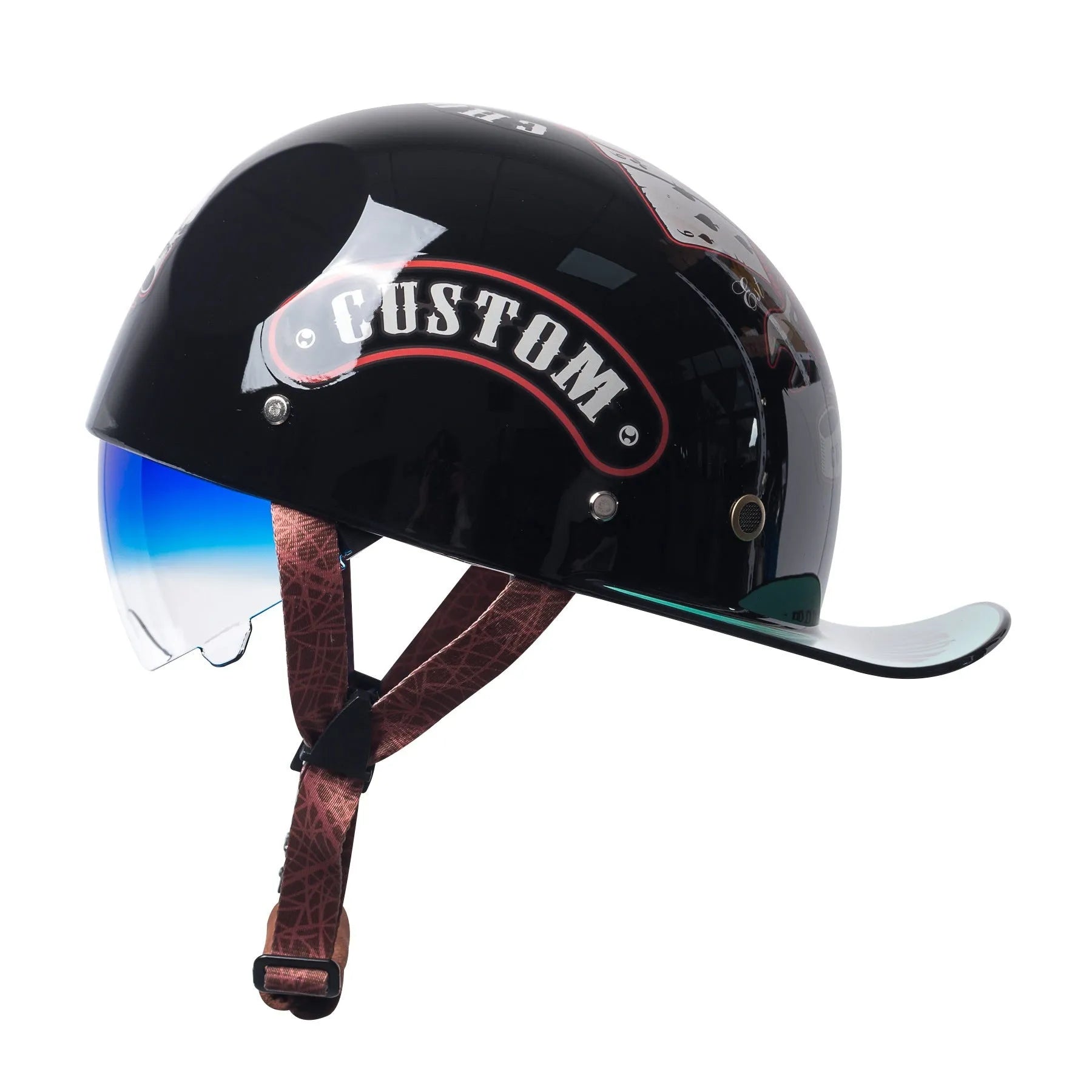 Retro half helmet for electric bicycles with bright black-gradient blue lens