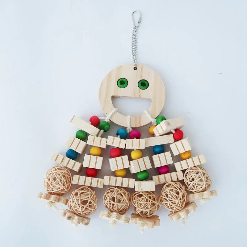 Natural wooden parrot toy with slotted blocks, beads, and string for chewing and play