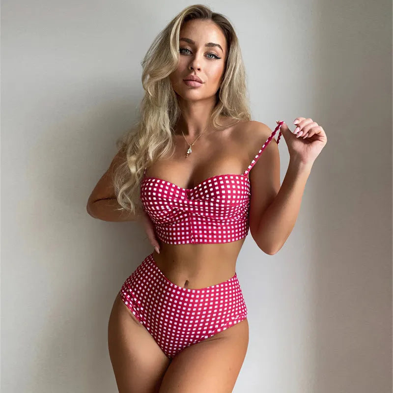 Women's high waist bikini swimsuit set with plaid pattern in multiple colour options