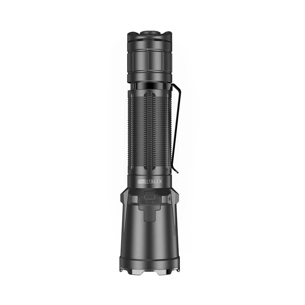 Black XT11GT PRO tactical flashlight with aluminium alloy body, 3100mAh battery, and accessories