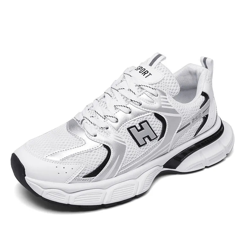Men's black mesh running shoes with injection moulded plastic sole and round toe