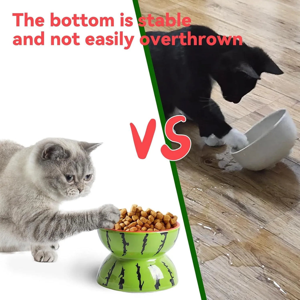 Ceramic tilted and elevated cat food bowl in orange pattern with non-slip base.