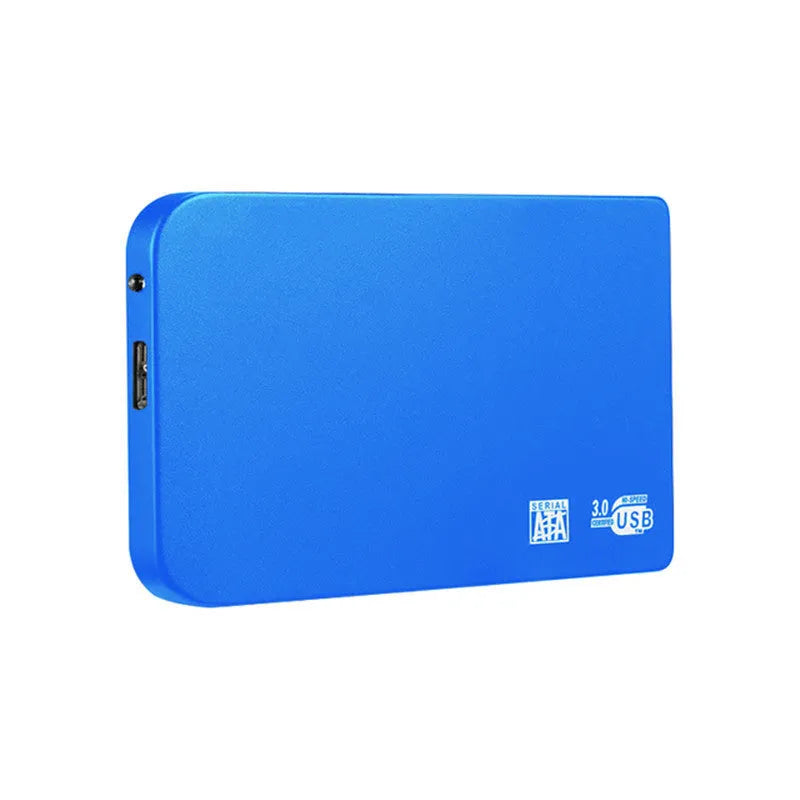 Black USB 3.0 portable solid state drive with metal housing on a desk.