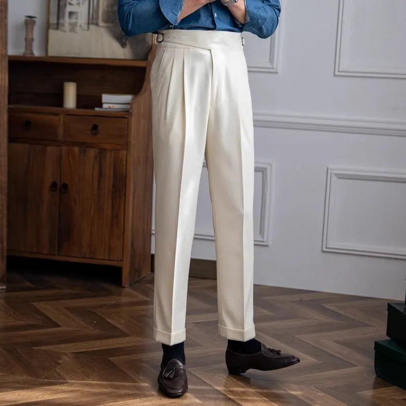 Men's high waist straight casual trousers in black polyester fabric.