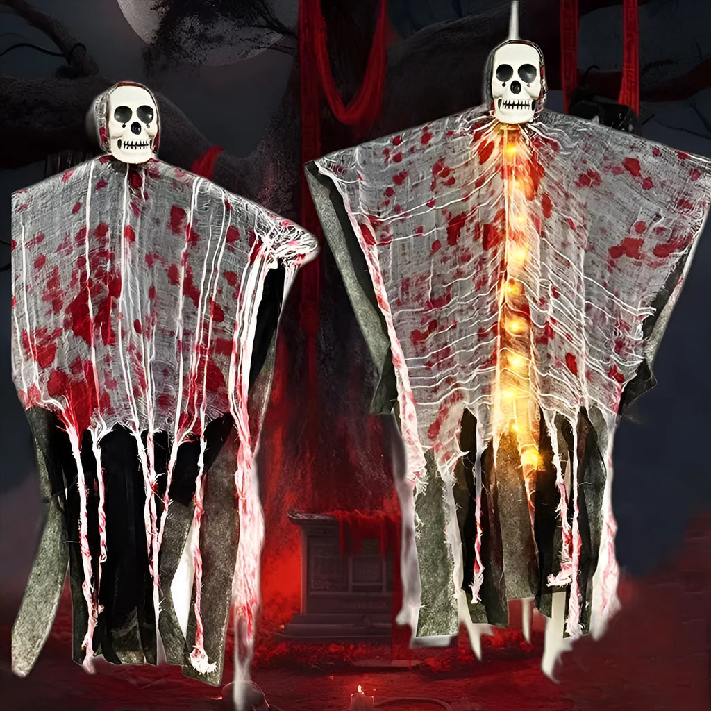 Plastic luminous skull hanging ghost Halloween decoration with blood-dyed colour for outdoor display