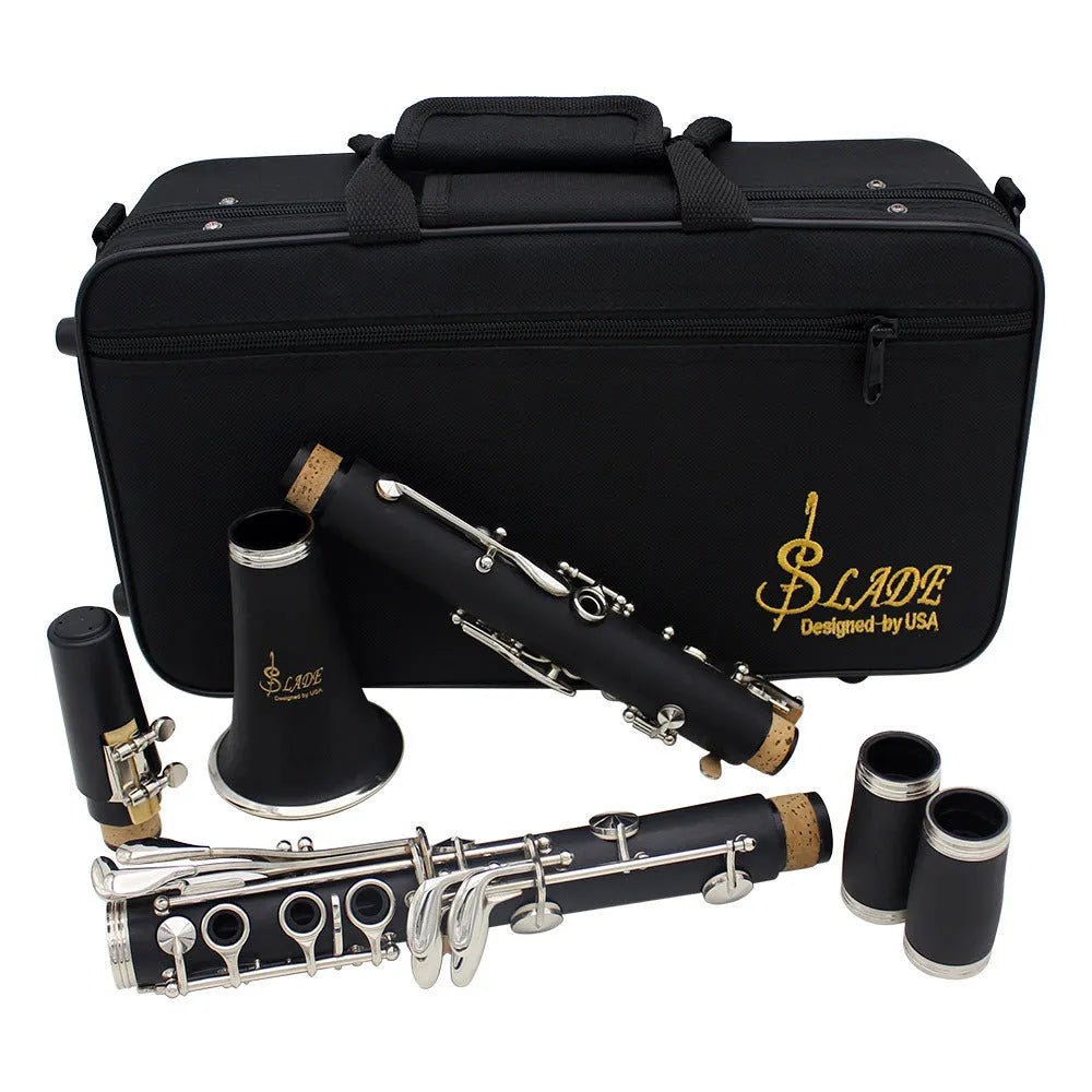 Black bakelite beginner clarinet with 17 nickel keys and a carrying bag.