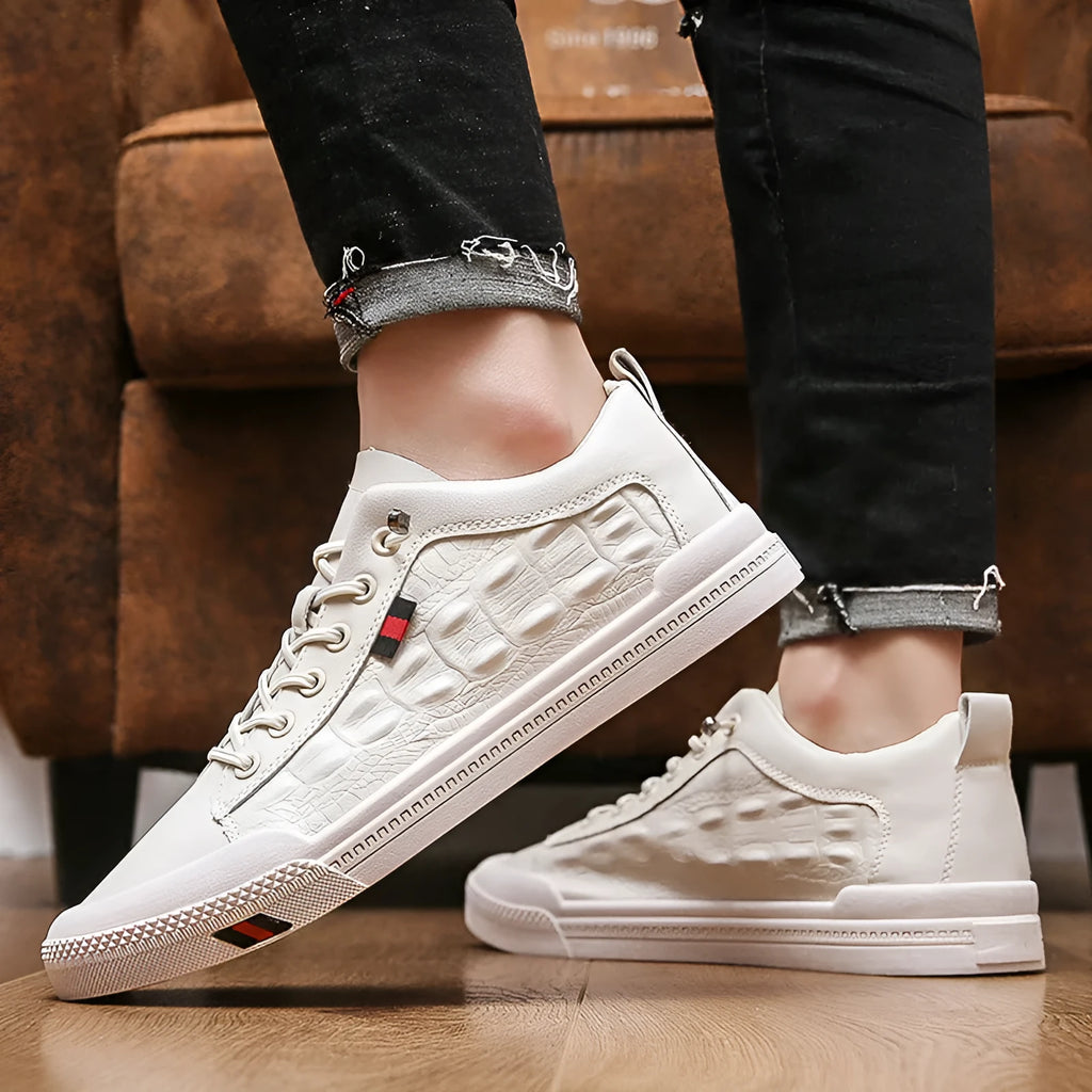 White men's casual sneakers with round toe and lace-up closure on rubber sole