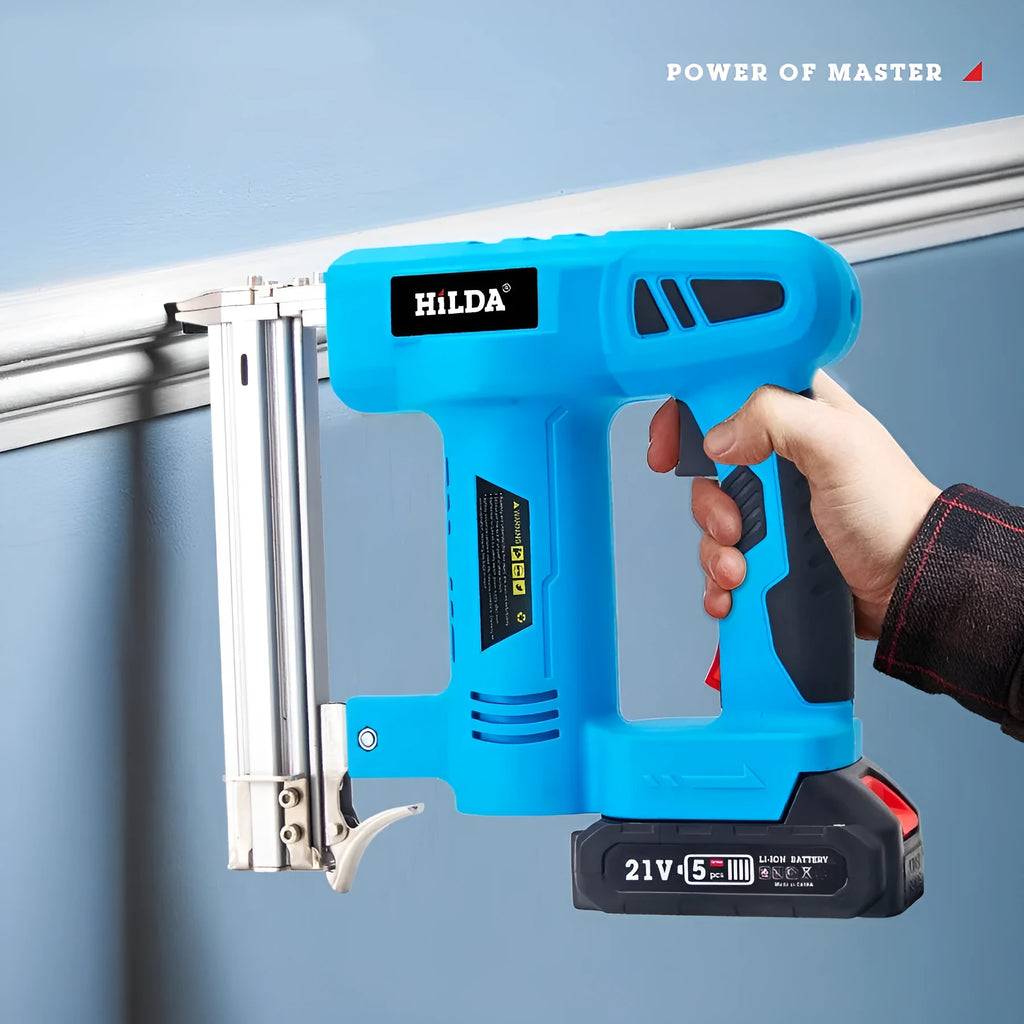Blue wireless lithium battery pneumatic straight nail gun for decoration and carpentry with two batteries and one charger