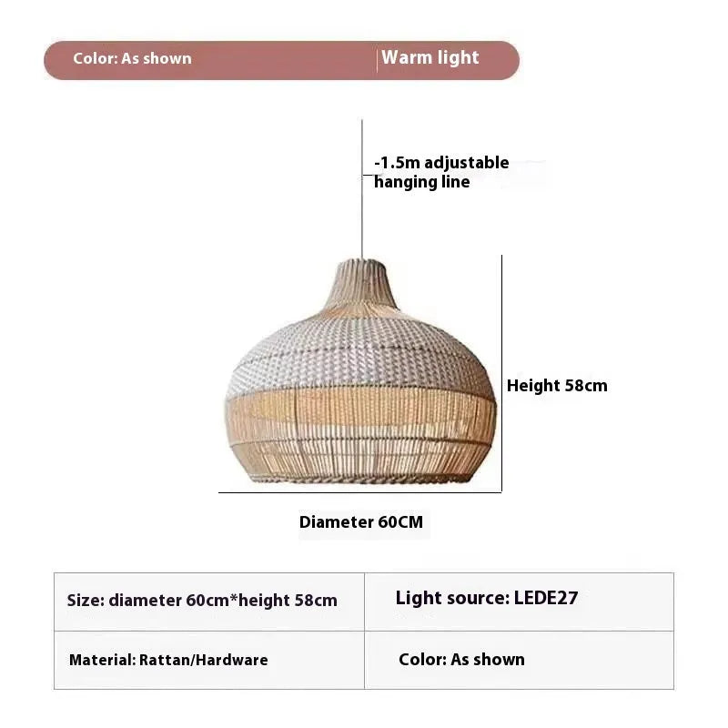 Woven rattan chandelier with a 60cm diameter in a pastoral Southeast Asian Silent Wind style.