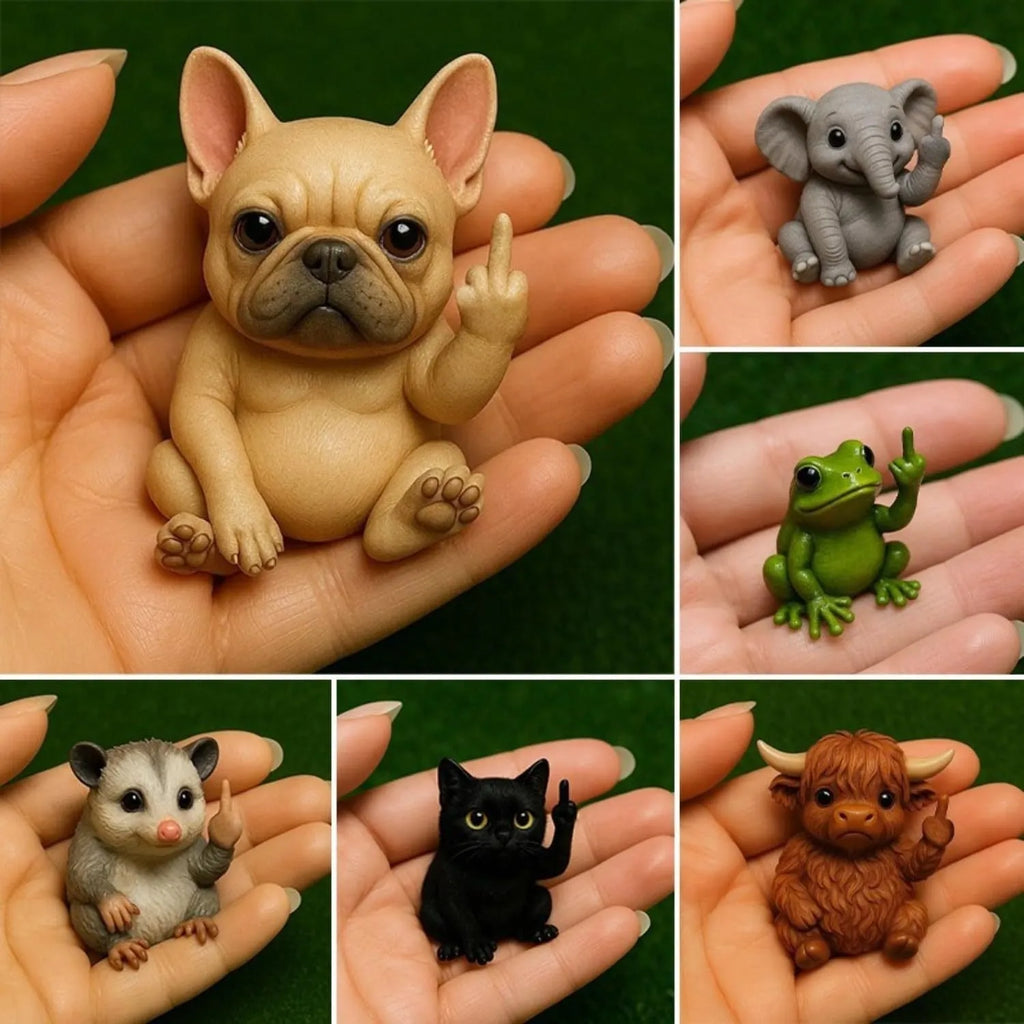 Mini resin animal doll with middle finger gesture, styles include cat, dog, elephant, frog, highland cattle, mouse, turtle.