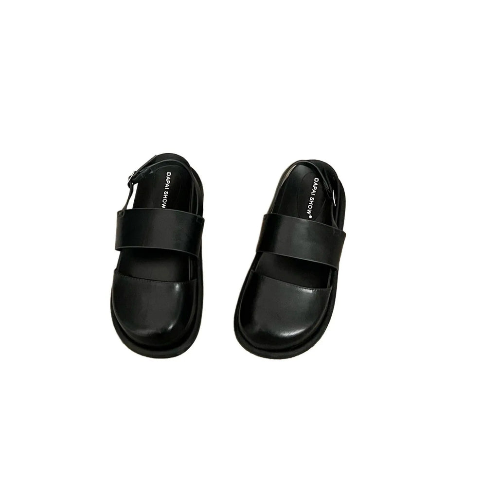 Retro closed-toe sandals with an adjustable ankle strap buckle in black, brown, or apricot colour.