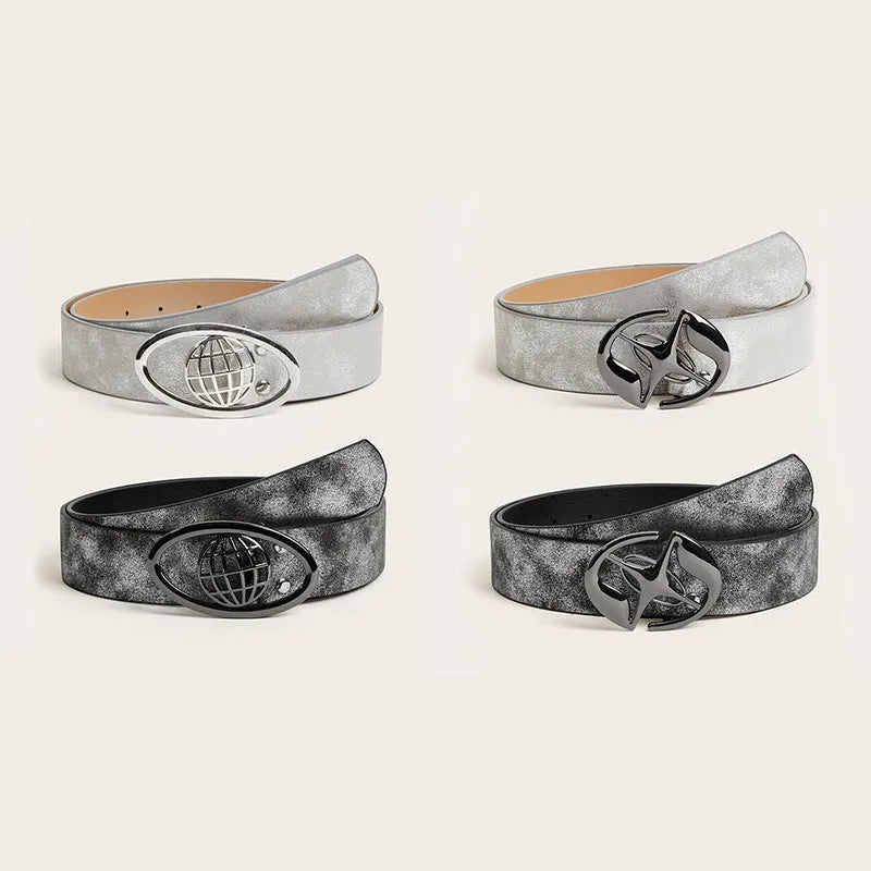 Retro women's wide PU leather belt with a large oval alloy buckle in grey white colour.