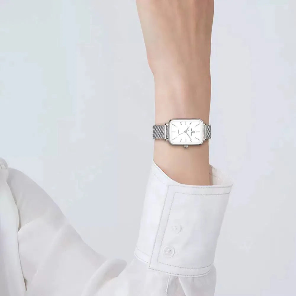 Women's silver waterproof quartz watch with woven steel strap and 34mm alloy case