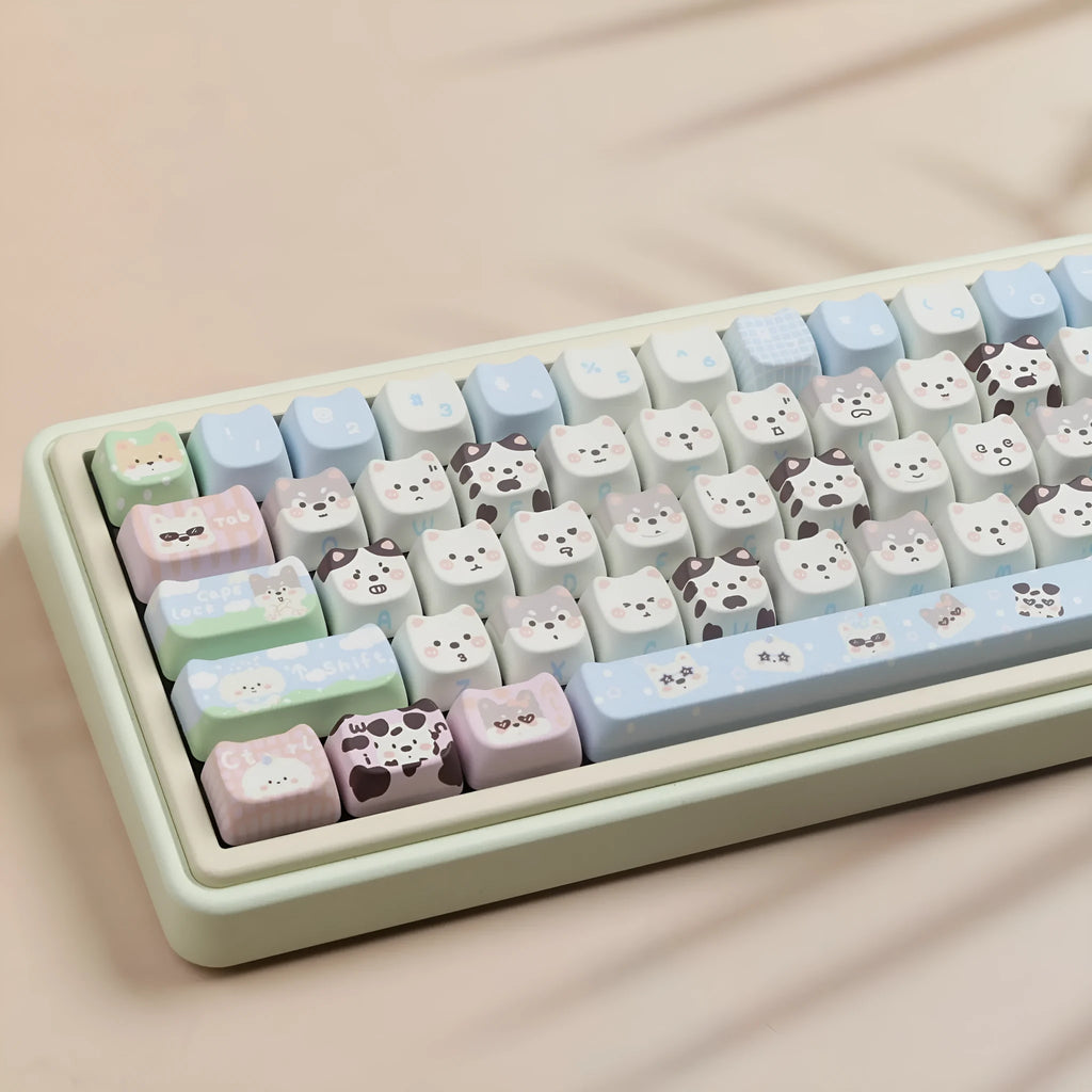 PBT key cap set with cat and puppy sublimation design for mechanical keyboards