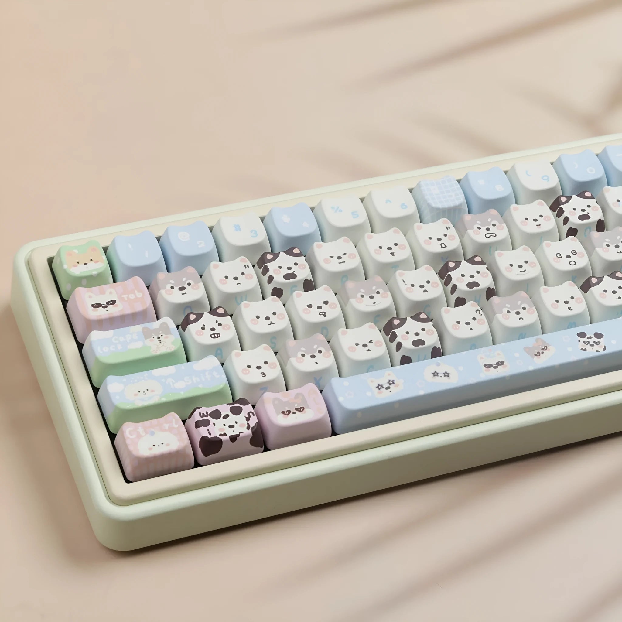 PBT key cap set with cat and puppy sublimation design for mechanical keyboards