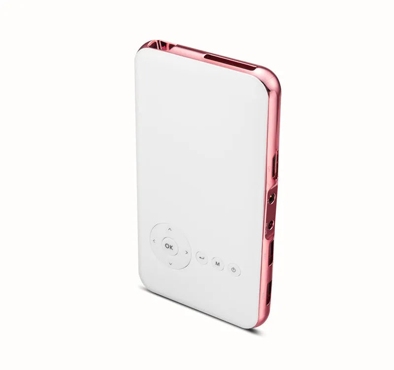 M6S miniature portable Android DLP projector in white rose gold, showing compact 145mm size