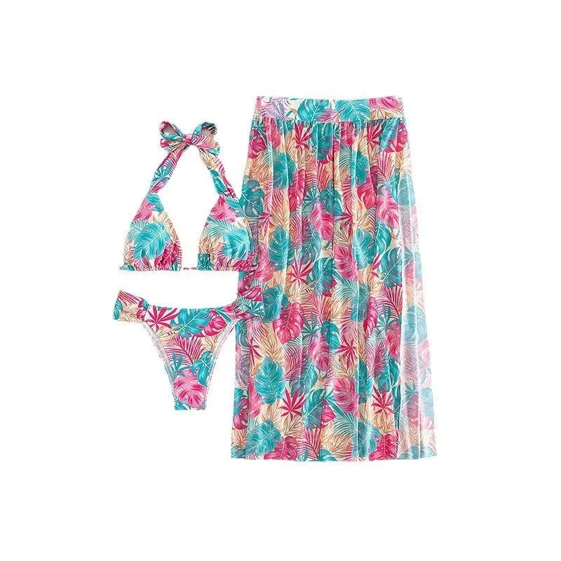 Women's three-piece floral swimsuit set with polyester bikini and printed mesh beach skirt with split