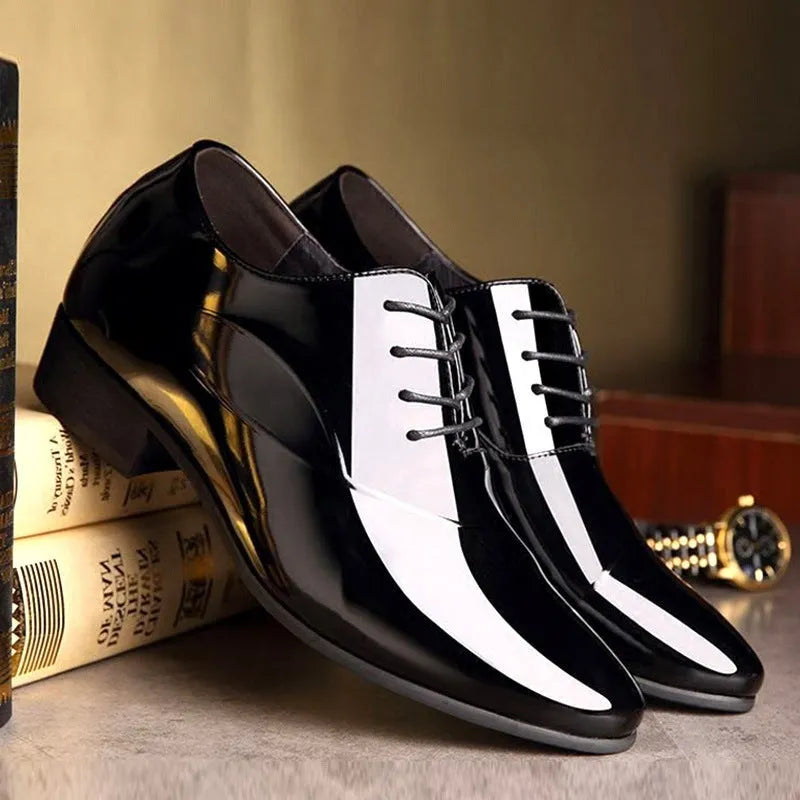Men's black and brown formal business shoes with a pointed toe made from artificial PU leather.