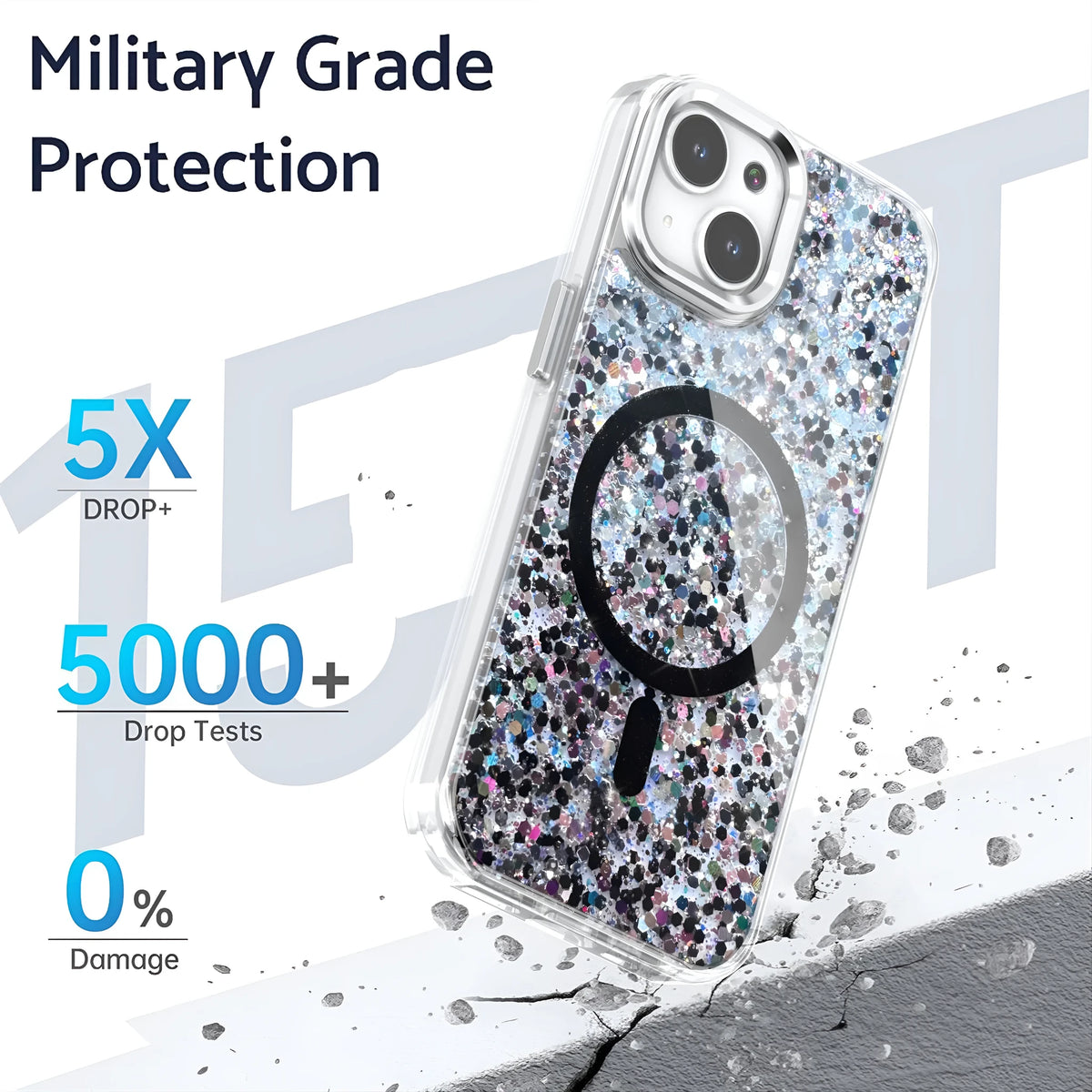 Creative sequins glitter epoxy magnetic phone case for Apple iPhone in transparent TPU, available in six colours.