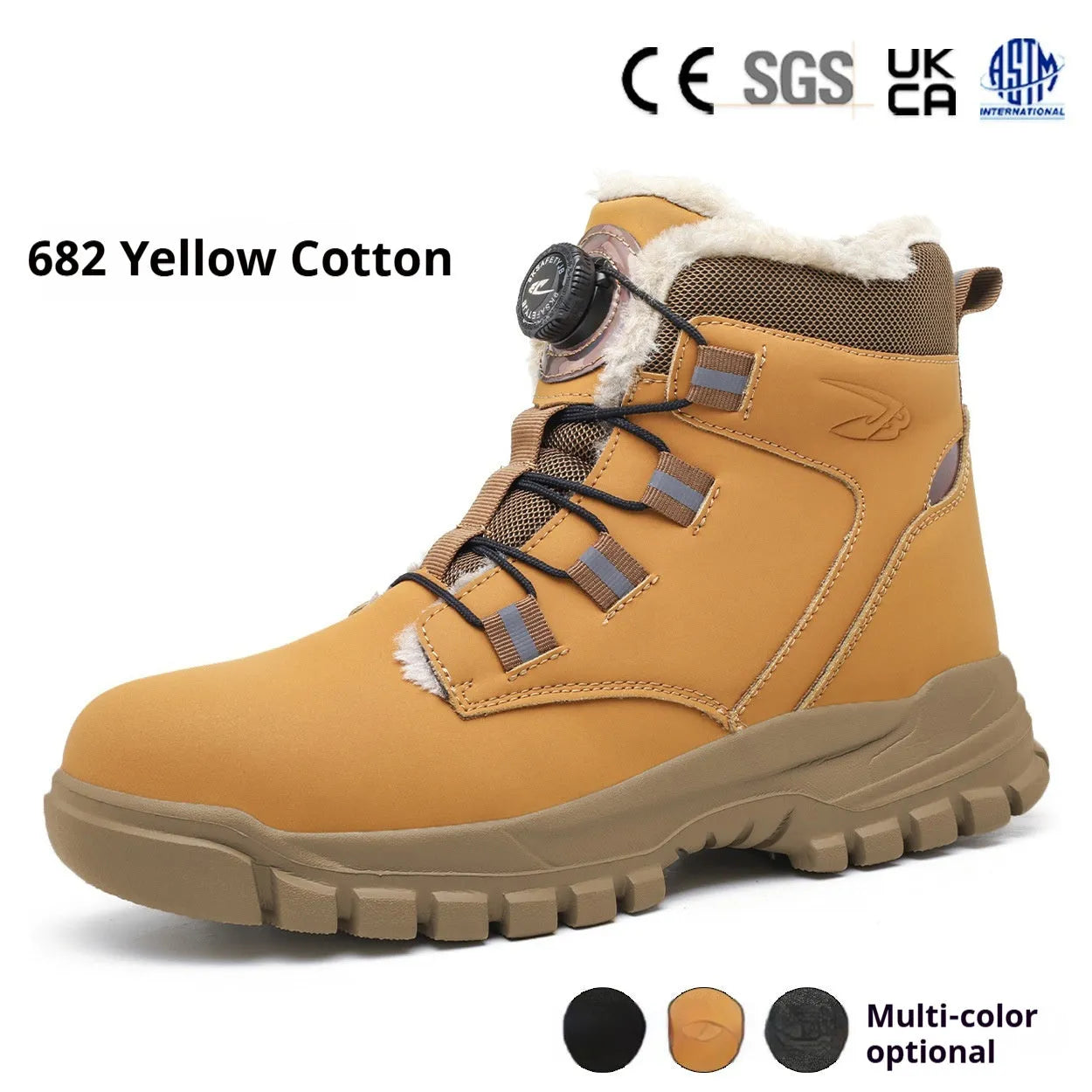 Leather upper labour protection shoes with rubber sole in black, shown on a size chart.