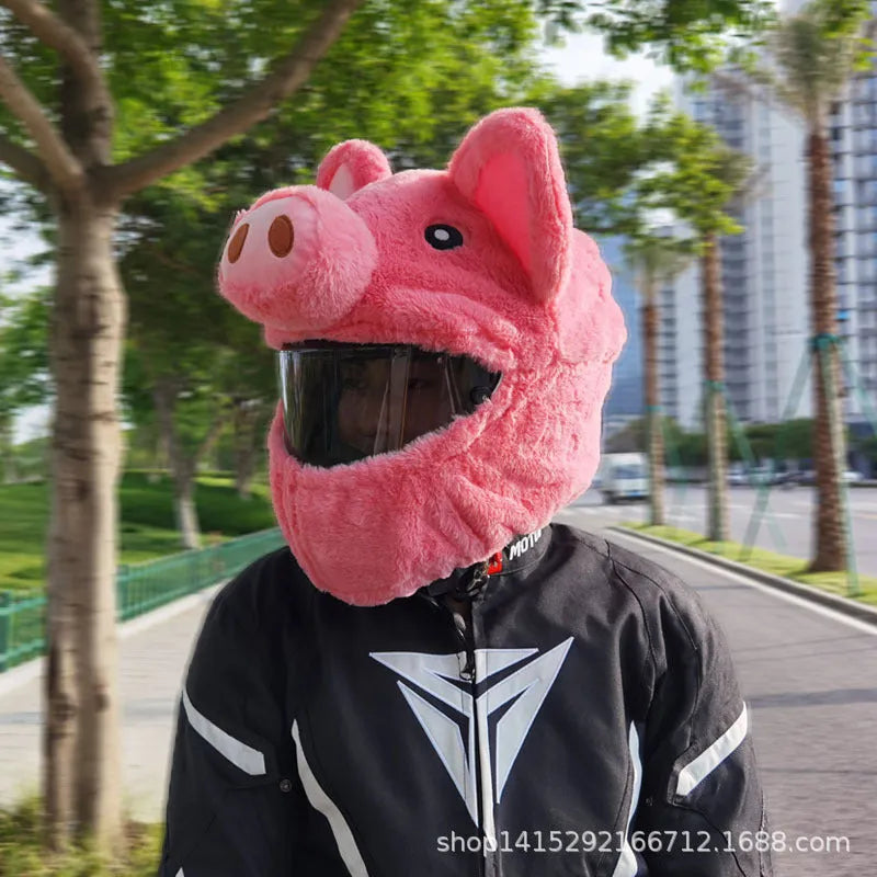 Pink cartoon pig plush helmet protective hood for motorcycle helmets with detachable sleeve