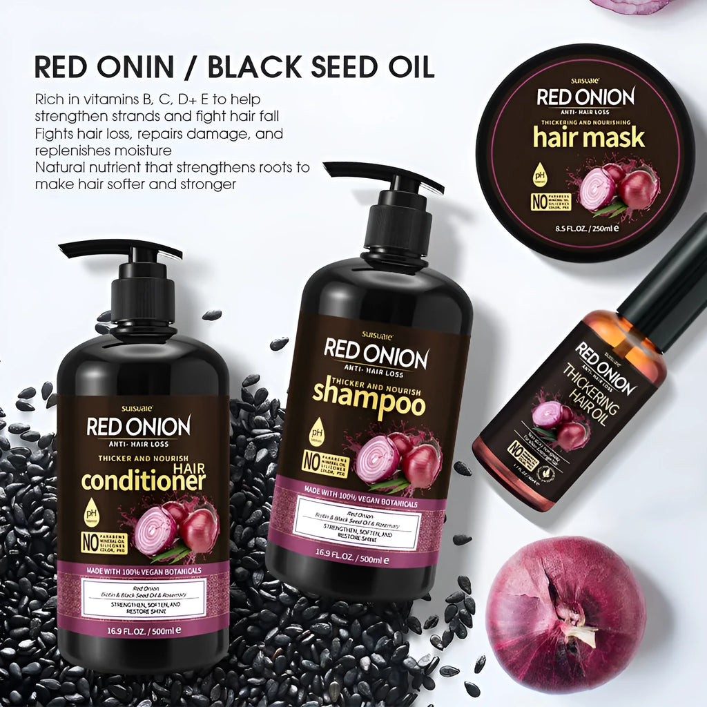 Red onion shampoo conditioner 4-piece set with 500ml bottles, 250ml hair mask and 50ml essential oil