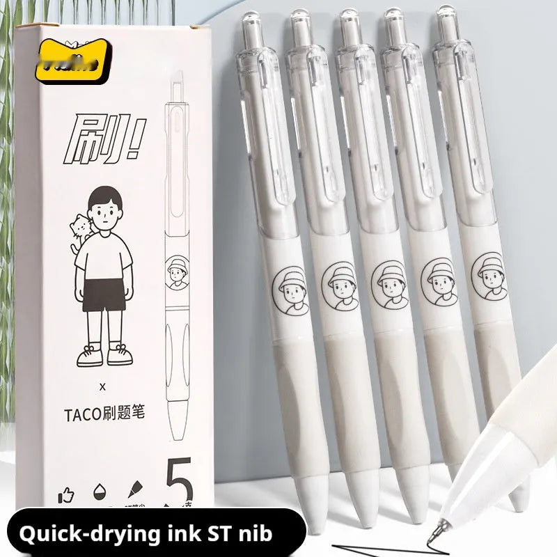 Five neutral-coloured ballpoint pens with 0.5mm needle tips for exam writing