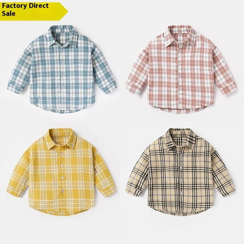 Boy's cotton lattice long sleeve shirt in khaki, light blue, pink, or yellow with animal/cartoon pattern