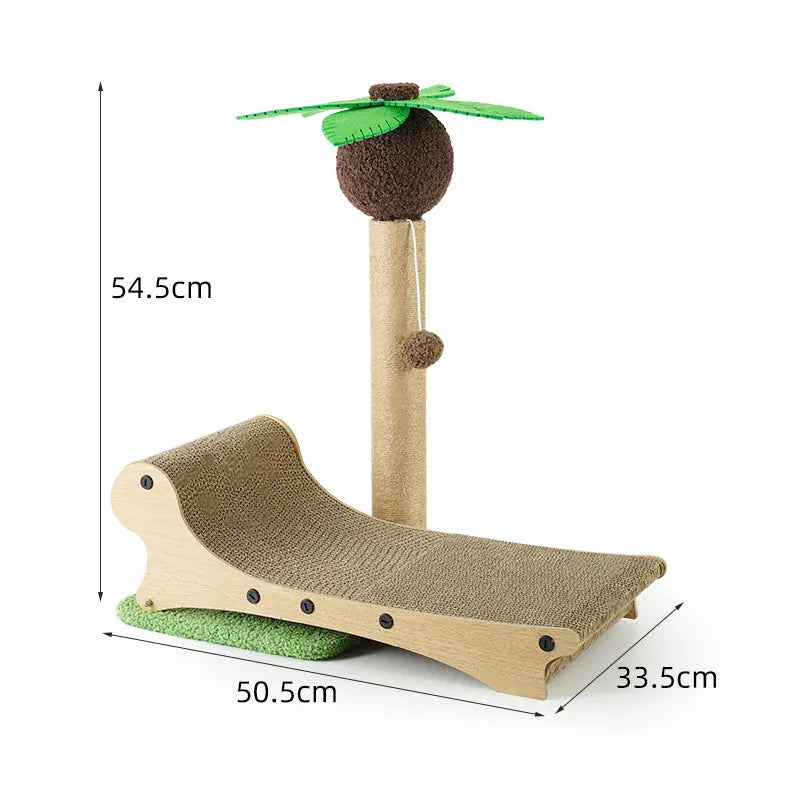 Wooden beach chair style cat bed with integrated scratch board and hemp mat surface