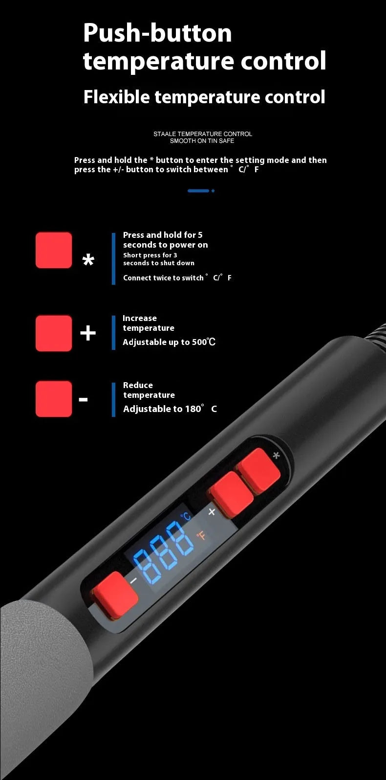 Grey 90W soldering iron kit with ceramic heating core, five tips, and accessories on a workbench.