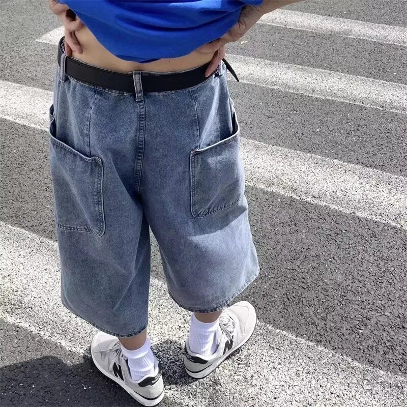 Men's blue washed denim pirate shorts with high waist and cropped straight leg