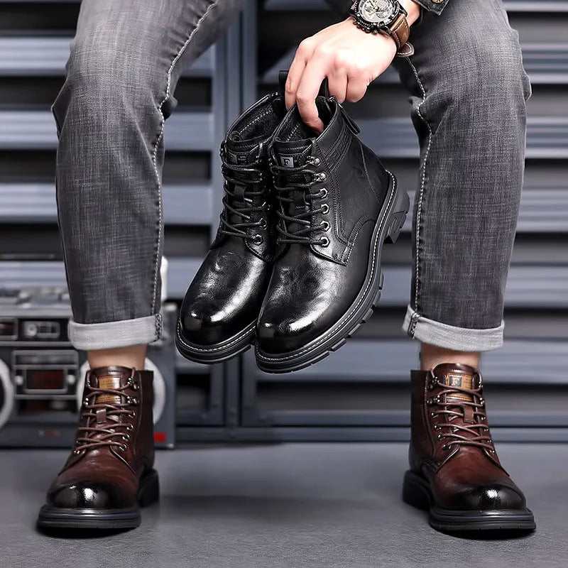Black or brown patent leather ankle boots with low square heel, rubber sole and high cylinder sock length, sizes 38-44