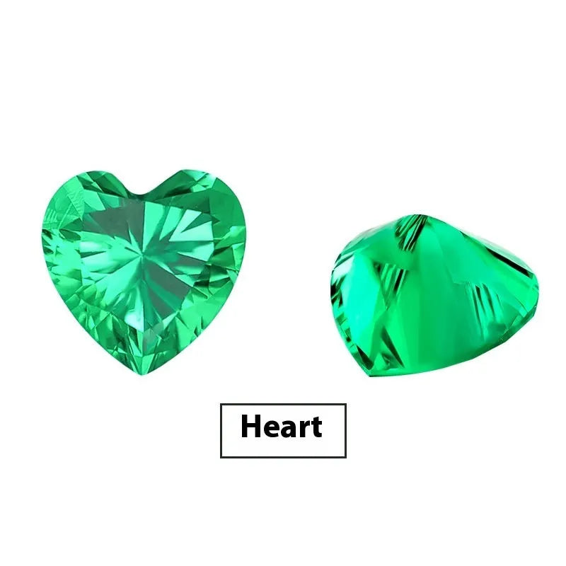 Synthetic emerald gemstones in Columbia green colour showing round and grandmother cut shapes