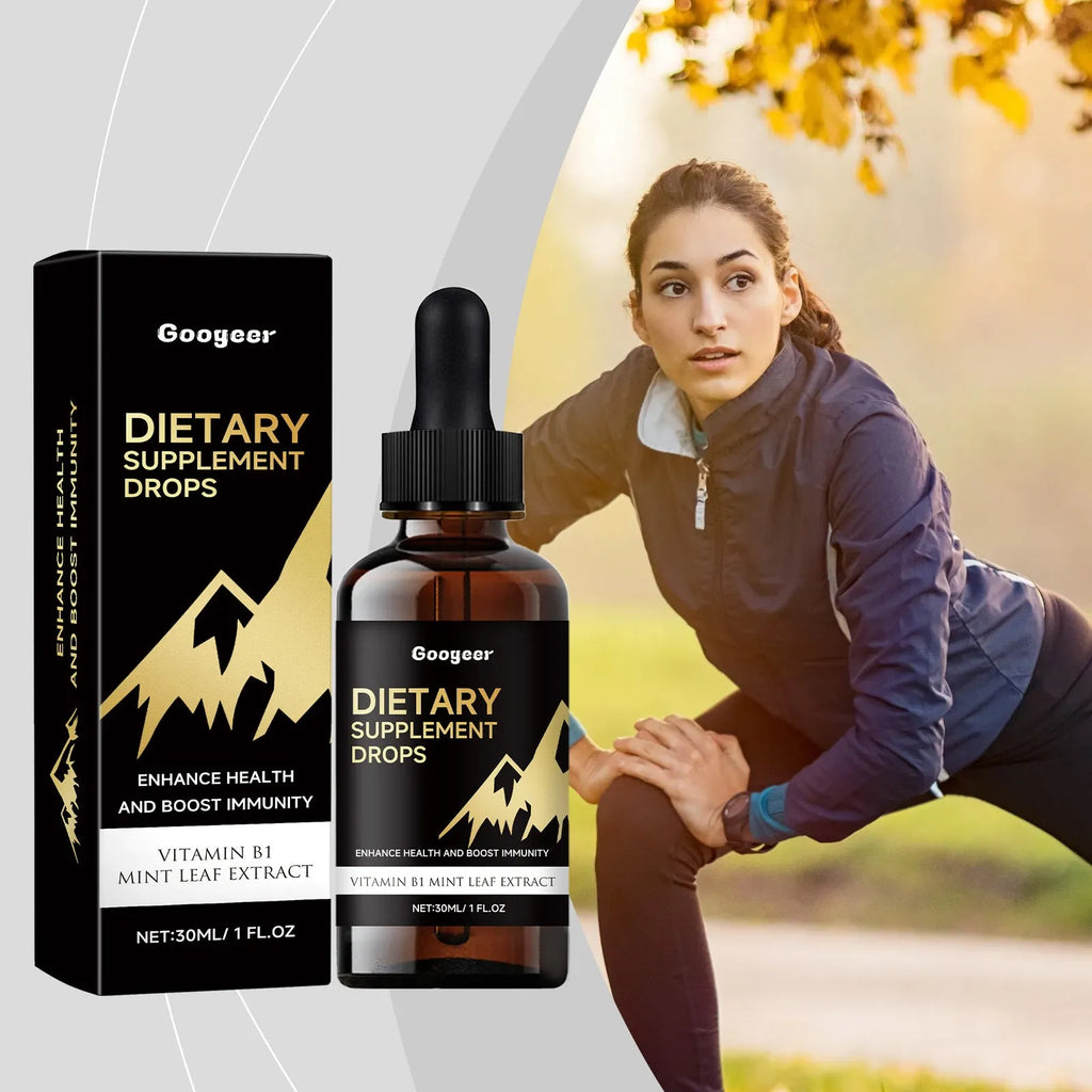 Bottle of dietary supplement drops with a measured dropper for dosage control.