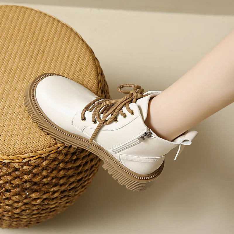 Women's winter Martin boots in beige cotton with mid heel, PU upper, and rubber sole