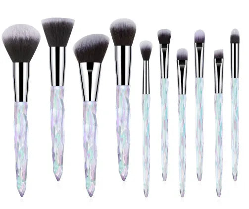 10 crystal handle foundation brushes with synthetic fibre bristles in black blue red yellow colours