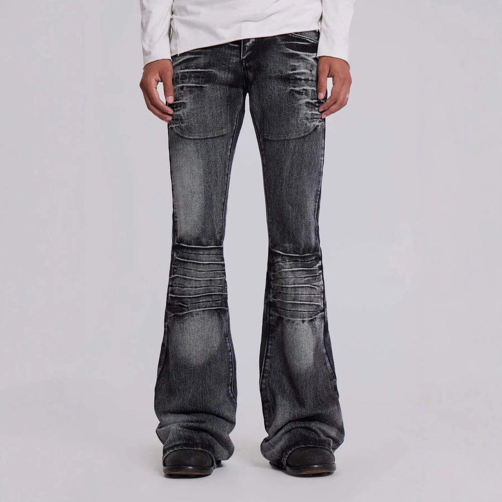 Men's slightly flared vintage jeans in black or blue, straight leg, linen fabric, edging detail, sizes S to XXL.