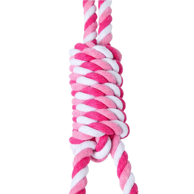 Red, white, and blue cotton rope tug toy for dogs, shown at its 38cm length.