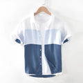 Men's white patchwork linen short sleeve shirt with square collar and loose fit, sizes M to 3XL