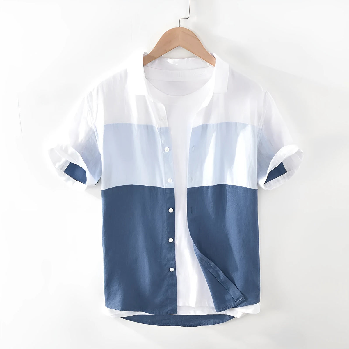 Men's white patchwork linen short sleeve shirt with square collar and loose fit, sizes M to 3XL