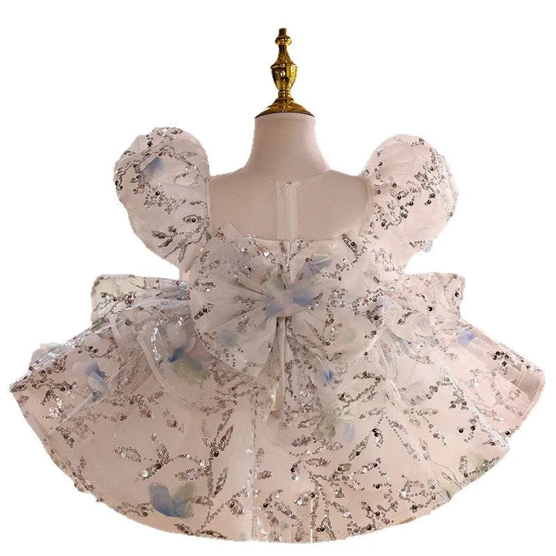 Girls' princess dress costume in M9232 picture colour with matching bow, available in heights 80cm to 150cm