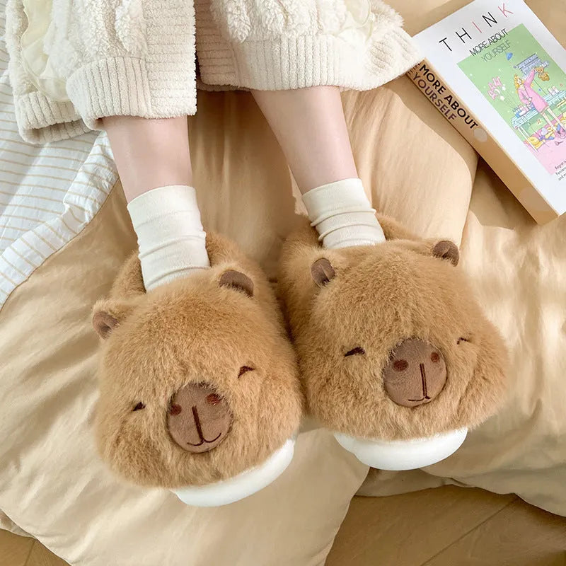 Light brown women's winter slippers with cartoon pattern and artificial wool lining