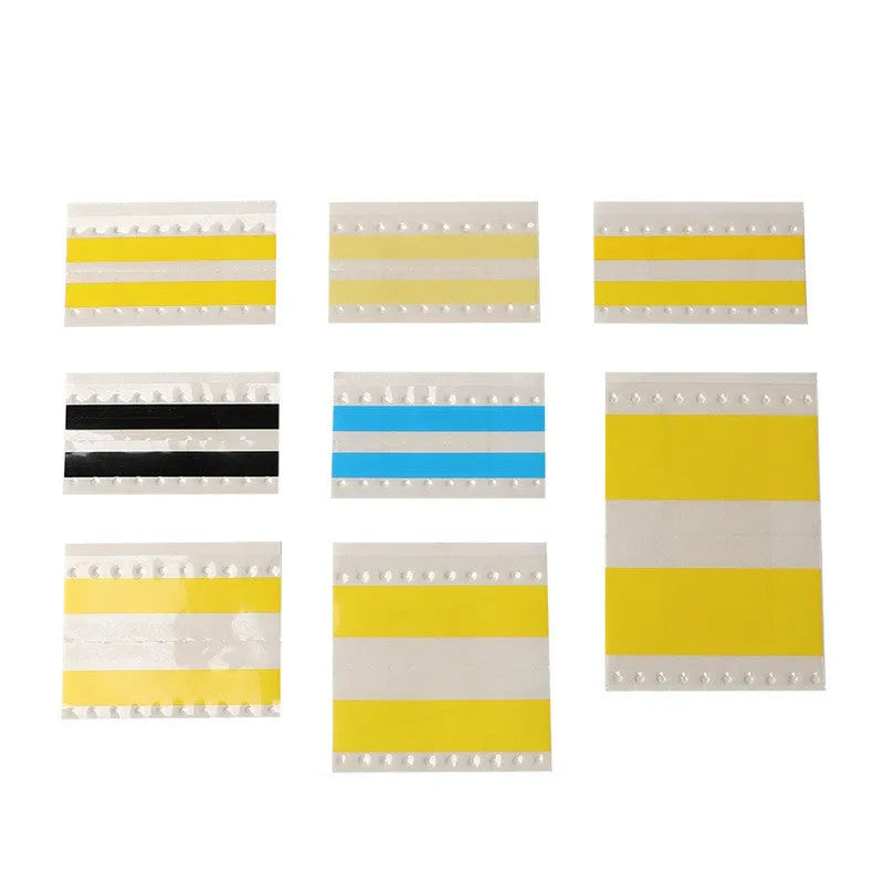 Double-sided splicing tape on a roll showing yellow adhesive surface, with width indicators for 8mm, 12mm, 16mm, and 24mm options.