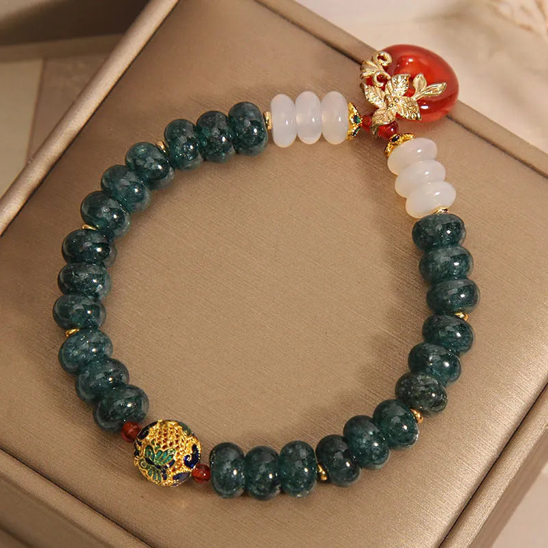 Blue water jade abacus beads and red agate peace buckle crystal bracelet with rhinestones