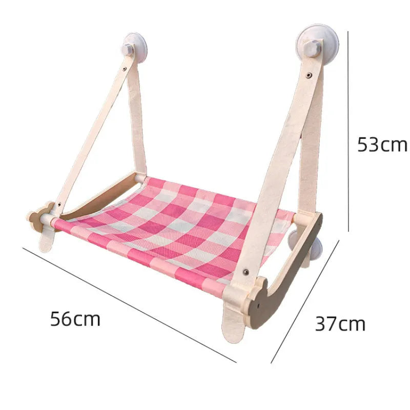 Wooden cat window hammock with linen fabric mounted by suction cups