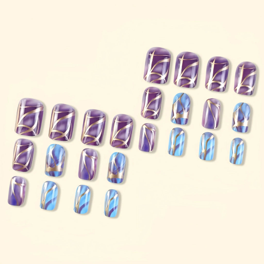 Mid-length purple and white striped nail art stickers on a clear background.