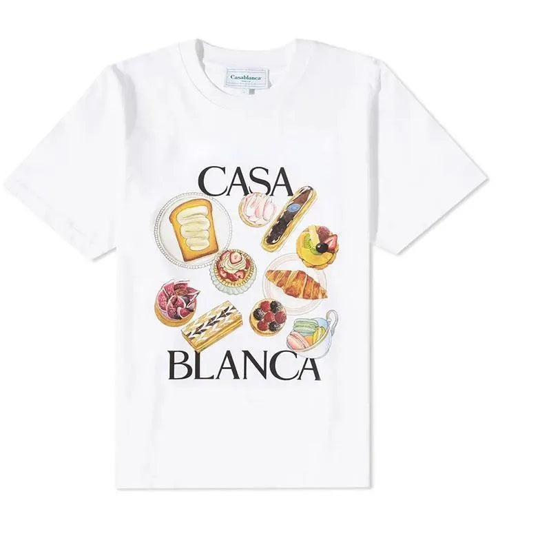 White short sleeve T-shirt with afternoon tea and hamburger print, stripe pattern, loose linen top in S M L XL