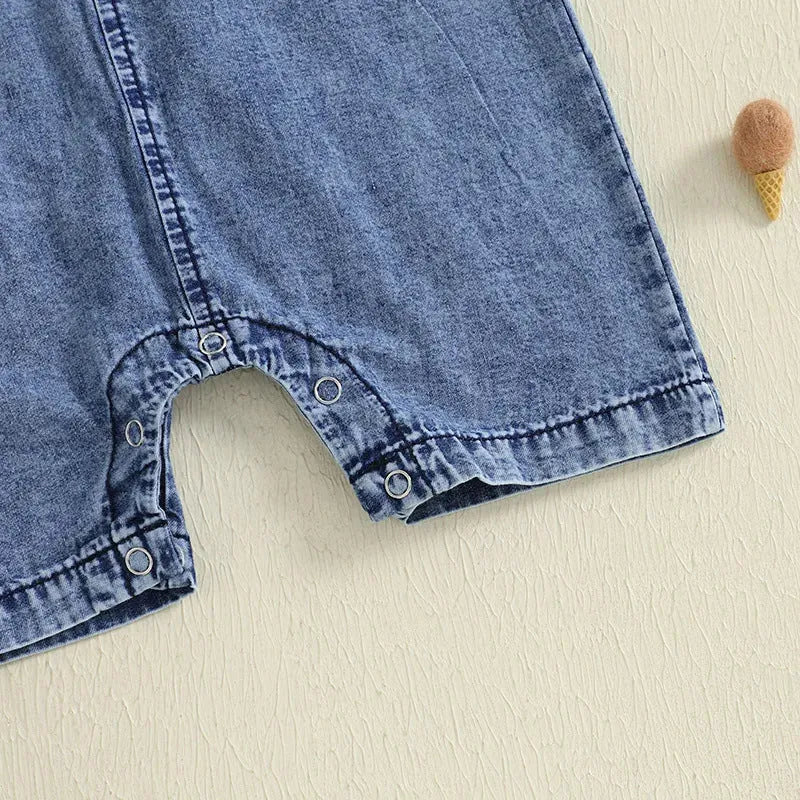 Boys blue cotton short sleeve one-piece romper for summer, western style, sizes 0-3M to 12-18M