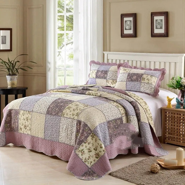Pure cotton quilted bedspread three-piece set showing bed cover and pillowcases
