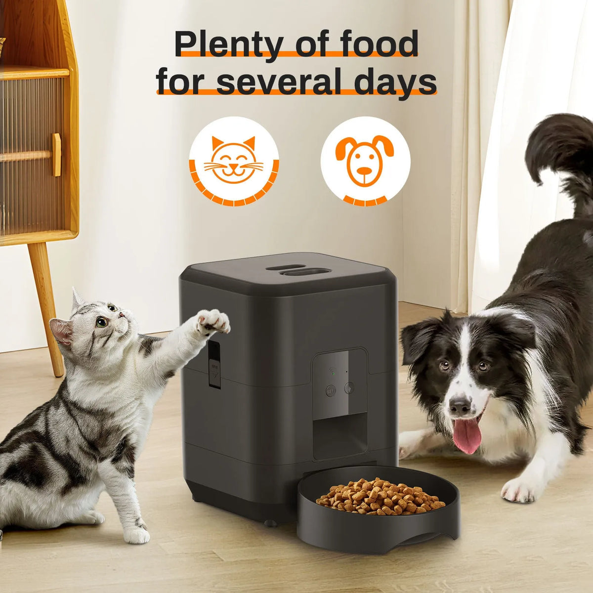 White automatic cat feeder with smartphone showing remote control interface and scheduled feeding times